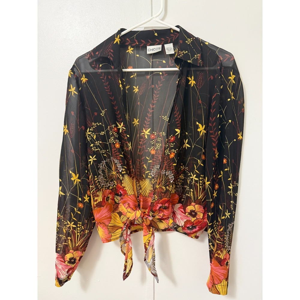Chico's Floral 100% Silk Tie Front Long Sleeve‎ Wrap Blouse Size 0 Retro Boho